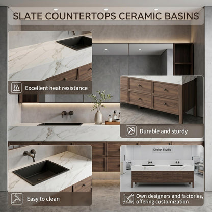 78''-96'' Modern Bathroom Vanity with Sink Floating Double White Marble Top Drawers