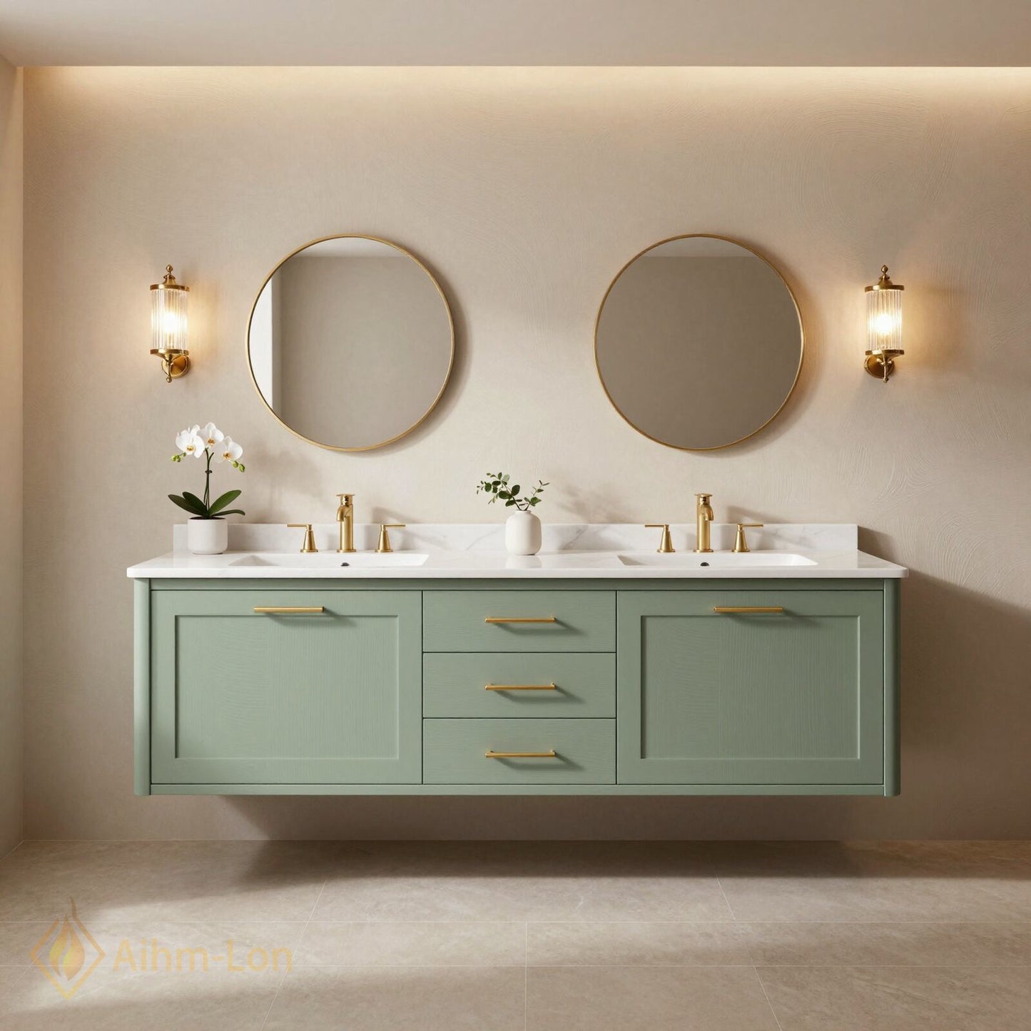 60''-96'' Modern Bathroom Vanity with Sink Floating Sage Green Shaker Triple Drawers