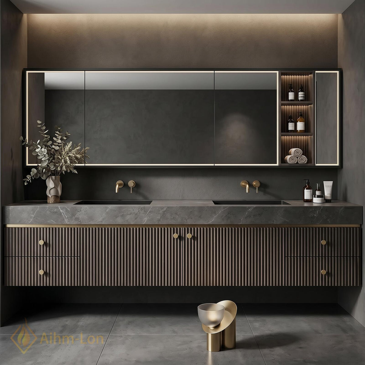 76''-96'' Double Bathroom Vanity with Sink Vertical Slatted Charcoal Finish Floating Double