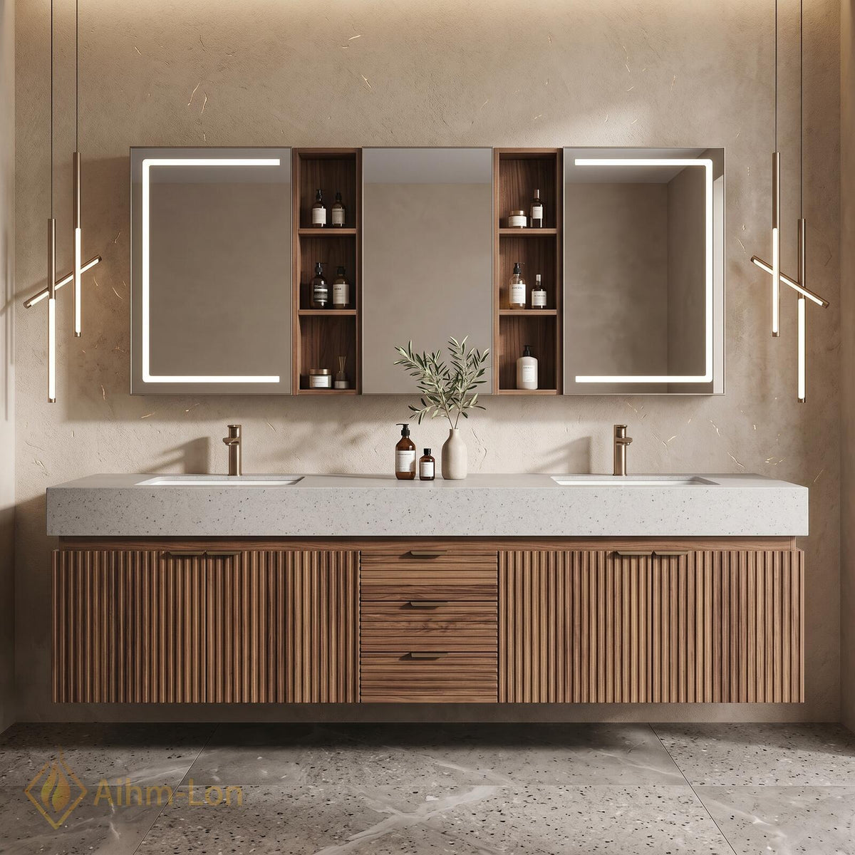 76''-96'' Double Bathroom Vanity with Sink Floating Vanity Vertical Slats Vertical Slat