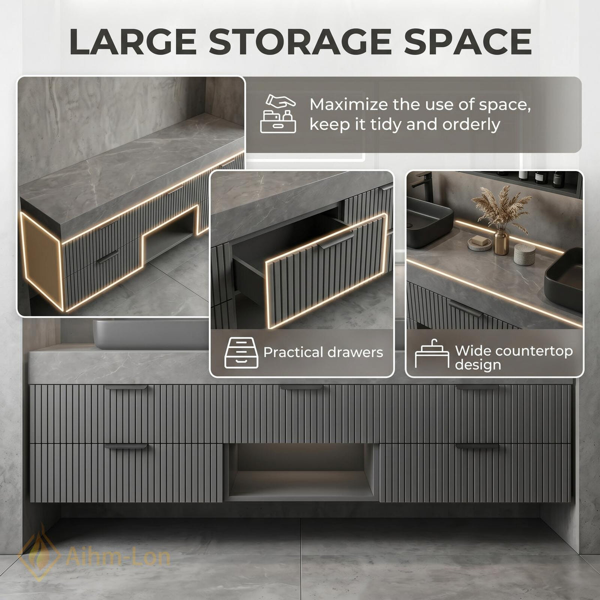 60''-96'' Double Bathroom Vanity with Sink Grey Stone Ribbed Panels Central Shelf