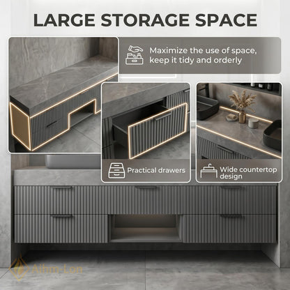 60''-96'' Double Bathroom Vanity with Sink Grey Stone Ribbed Panels Central Shelf