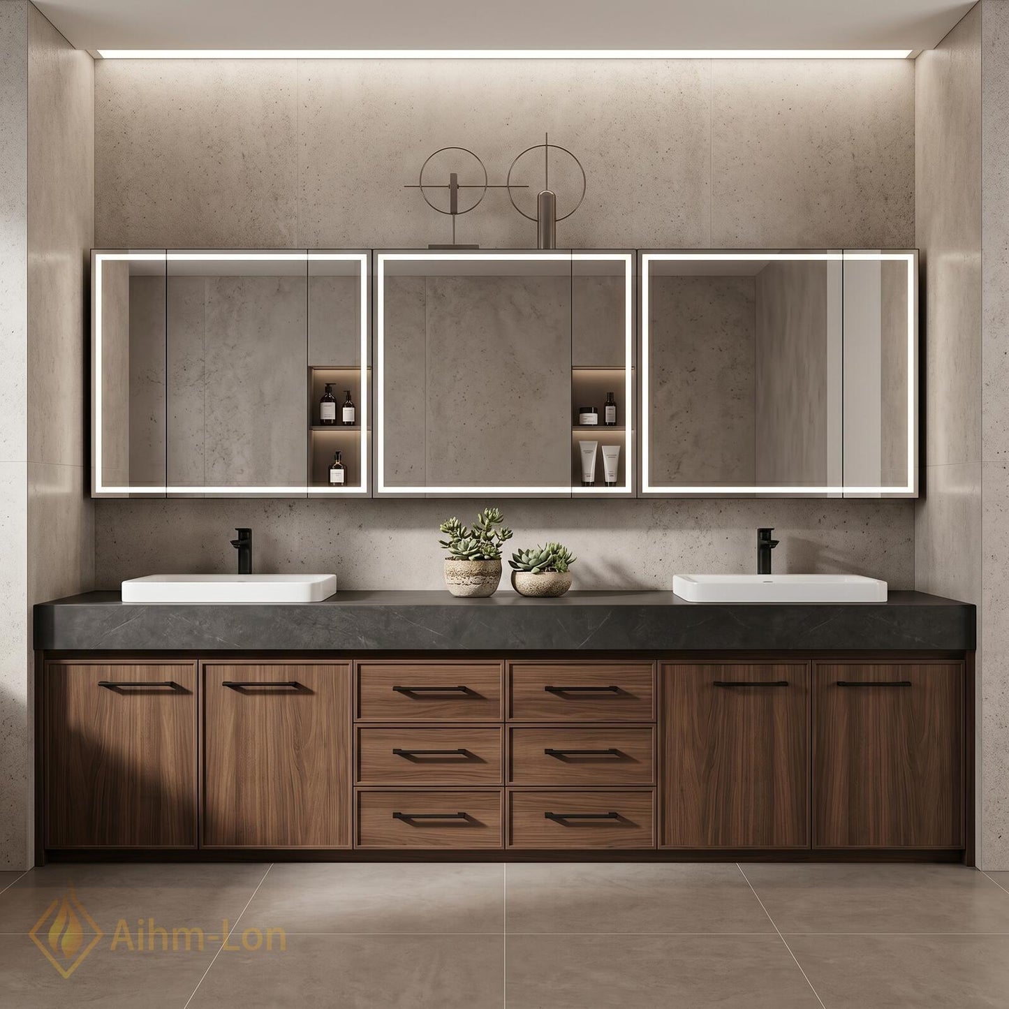 78''-96'' Double Bathroom Vanity with Sink Dark Stone Slab Walnut Finish Drawers