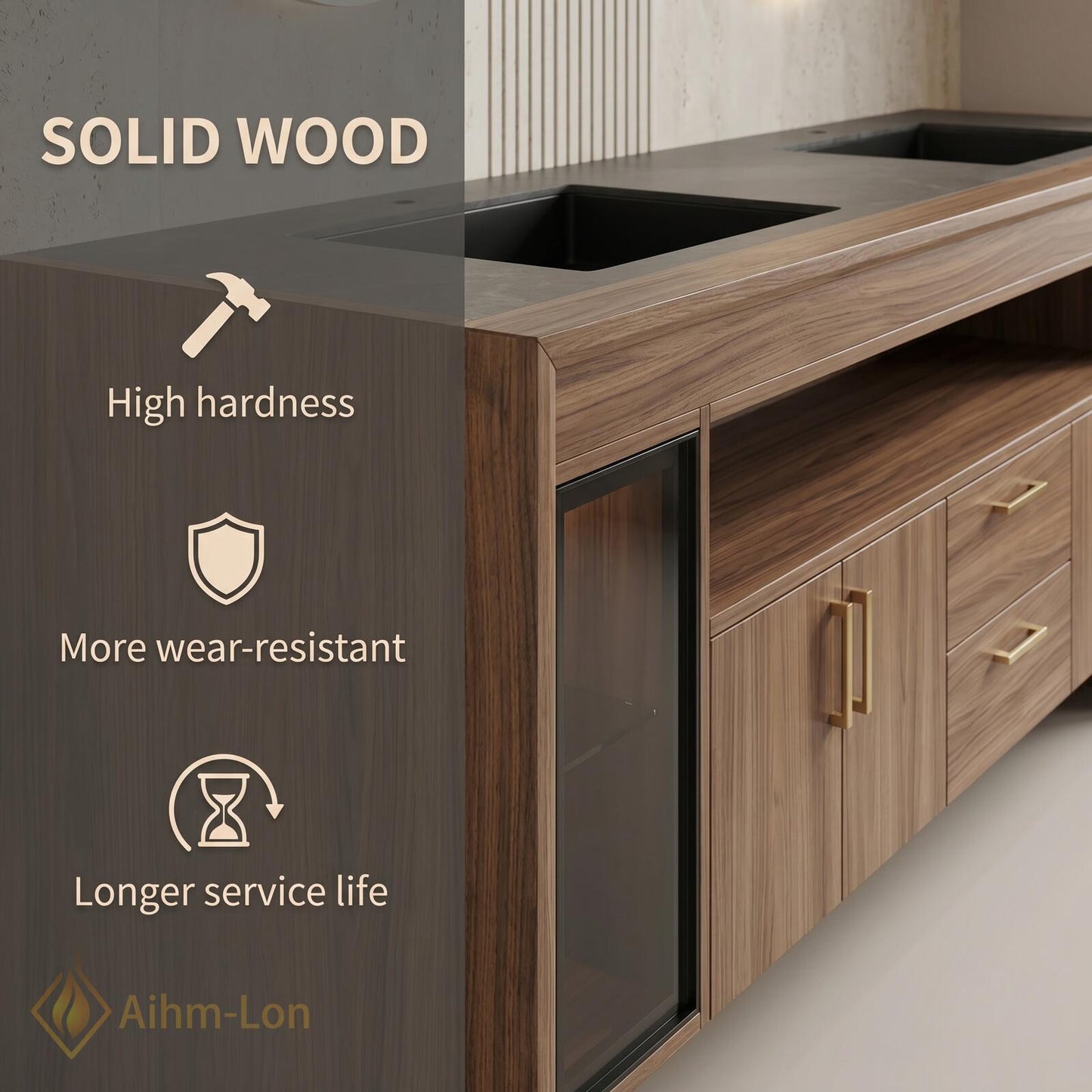 76''-96'' Double Bathroom Vanity with Sink Dark-Walnut Slatted Center Panel Open