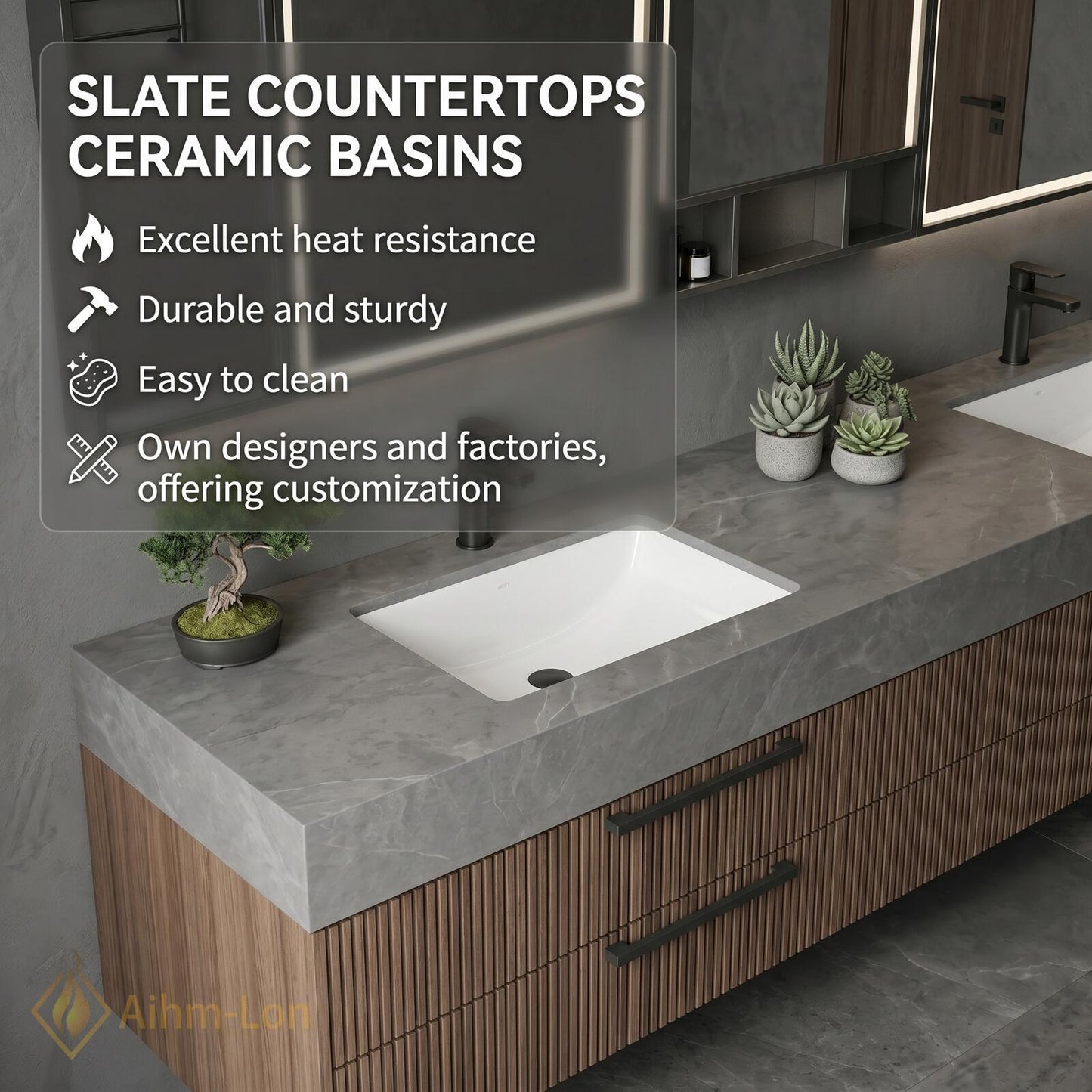 60''-96'' Double Bathroom Vanity with Sink Modern Floating Grey Stone Slatted Drawer
