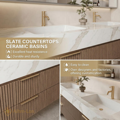 60''-96'' Double Bathroom Vanity with Sink Modern Floating Slatted Front Dark Walnut
