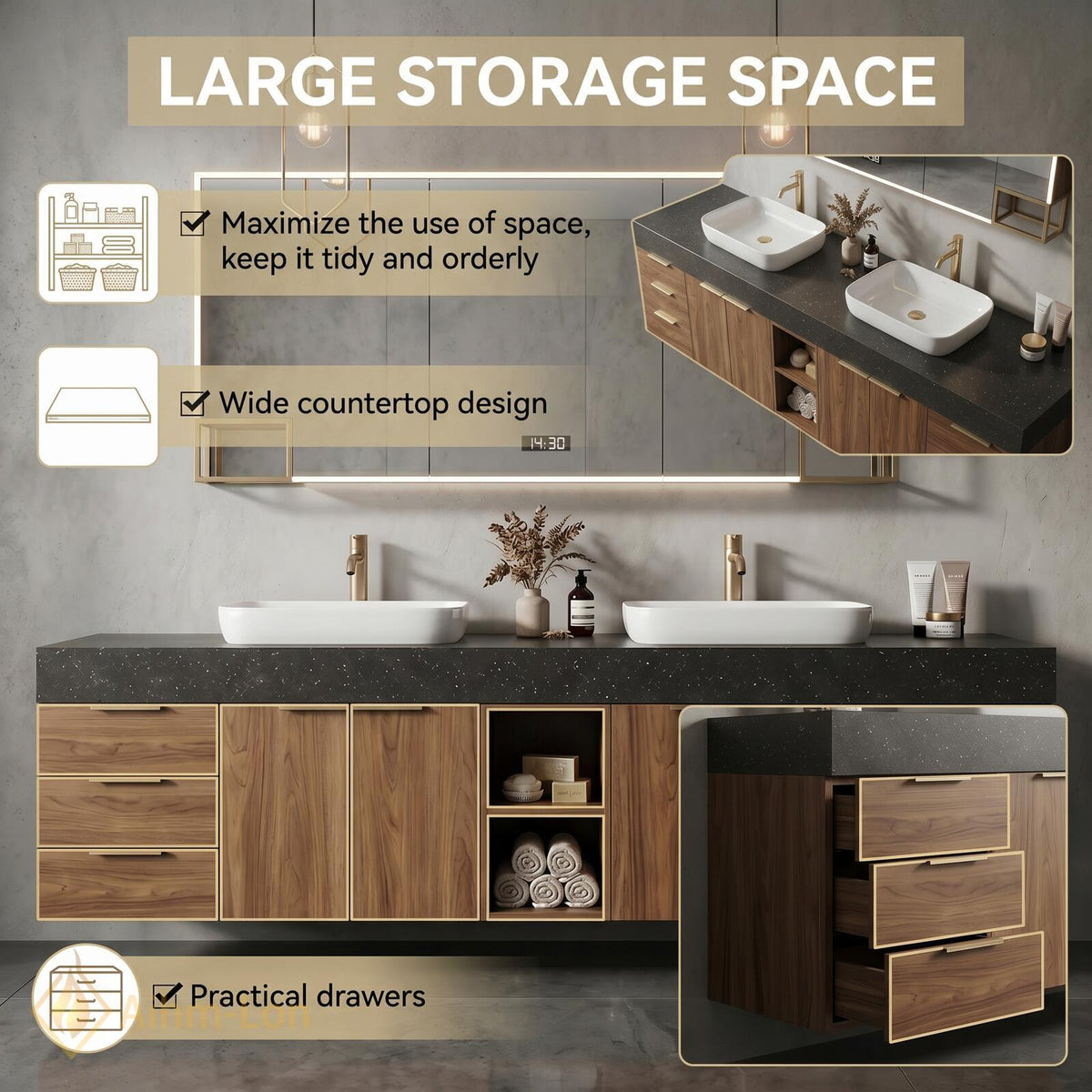 76''-96'' Double Bathroom Vanity with Sink Floating Double Walnut Finish Open Shelving