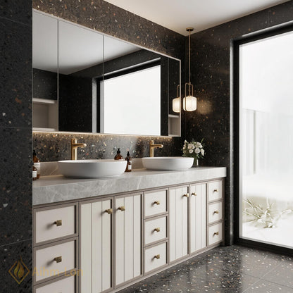78''-96'' Double Bathroom Vanity with Sink Modern White Paneled Front Taupe Frame