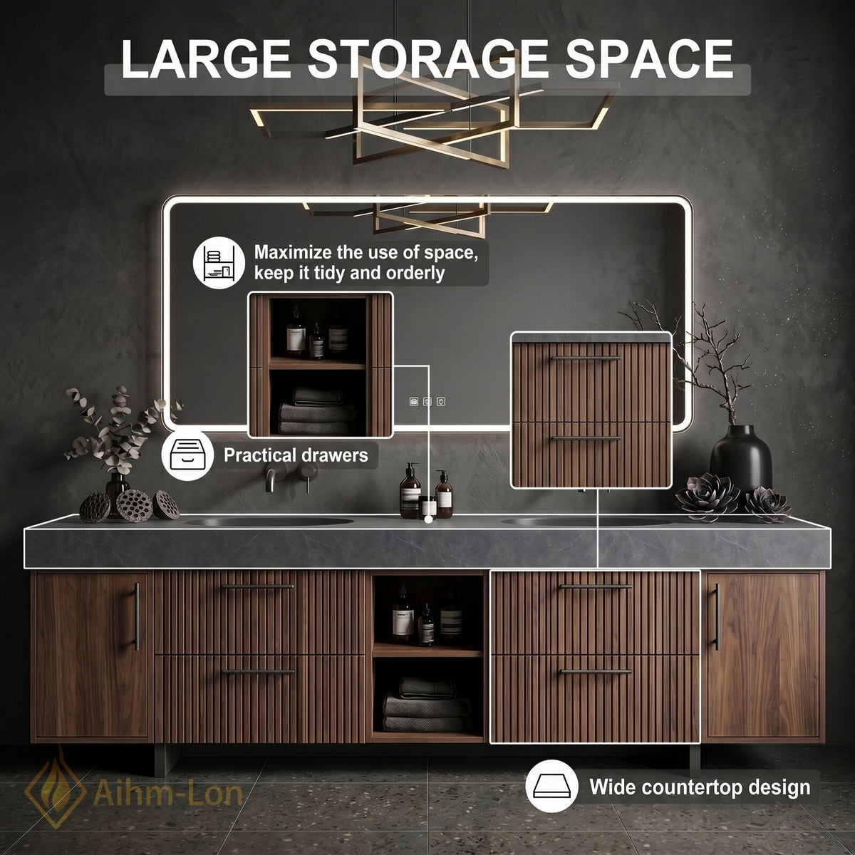 72''-96'' Double Bathroom Vanity with Sink Dark Walnut Slatted Center Open Shelving