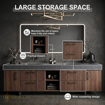 72''-96'' Double Bathroom Vanity with Sink Dark Walnut Slatted Center Open Shelving