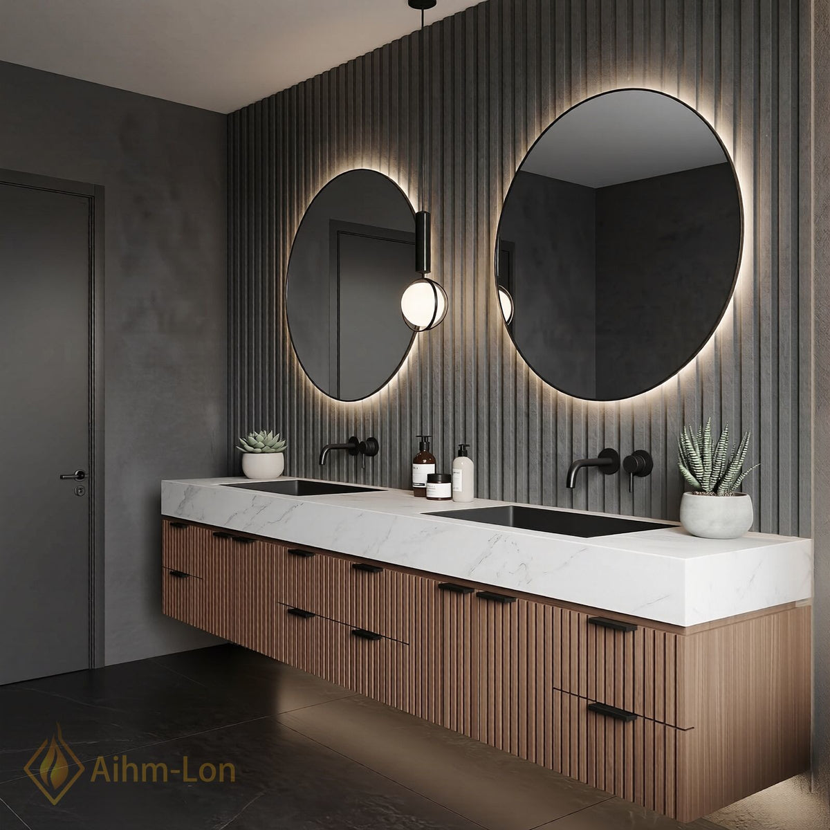 78''-96'' Double Bathroom Vanity with Sink Vertical Slat Front White Marble Top