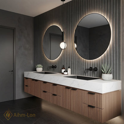 78''-96'' Double Bathroom Vanity with Sink Vertical Slat Front White Marble Top