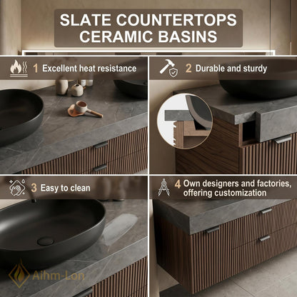 60''-96'' Bathroom Vanity with Sink Modern Floating Dark Wood Finish Slatted Front
