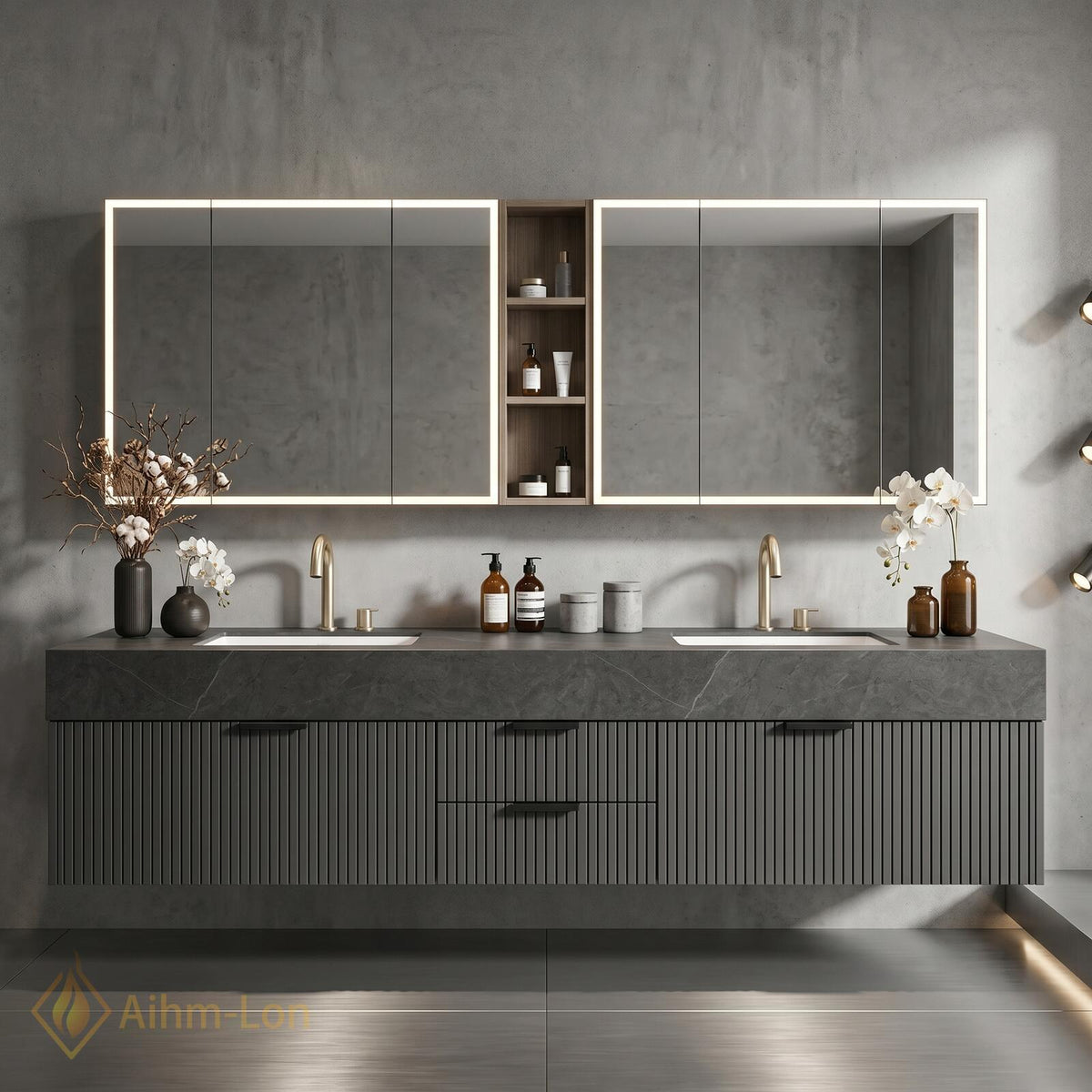 60''-96'' Double Bathroom Vanity with Sink Modern Stone Top Slatted Mirror Storage