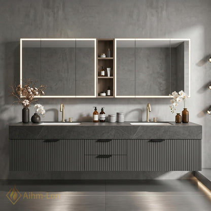 60''-96'' Double Bathroom Vanity with Sink Modern Stone Top Slatted Mirror Storage