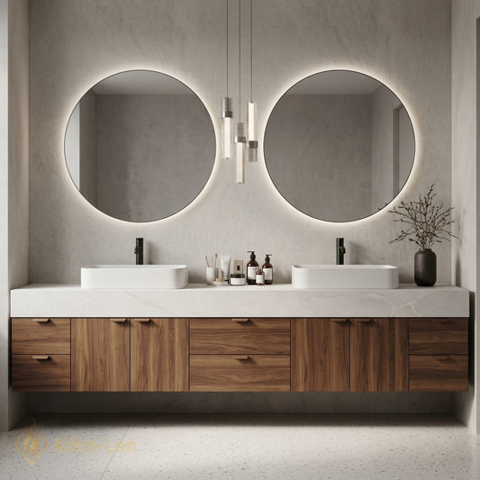 76''-96'' Double Bathroom Vanity with Sink Floating Wood-Grain Grained Panels Marble Patterned
