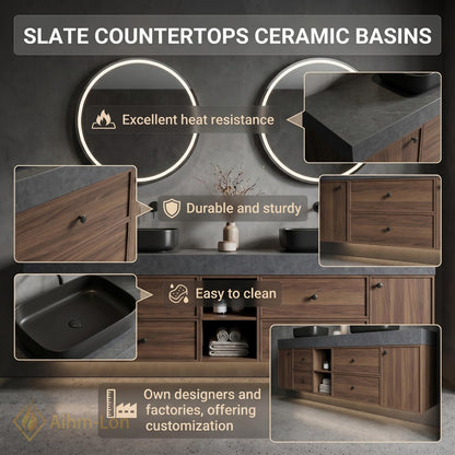 60''-96'' Double Bathroom Vanity with Sink Warm-Walnut Wood Modern Floating Grain