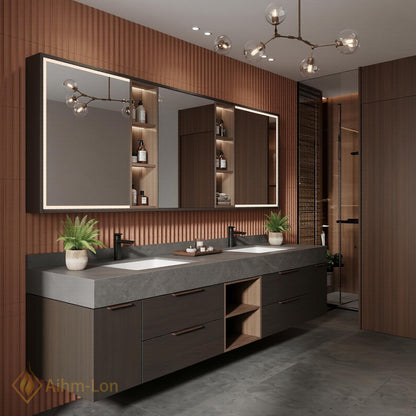 60''-96'' Modern Double Bathroom Vanity with Sink Grey Stone-Textured Top Spacious Drawers