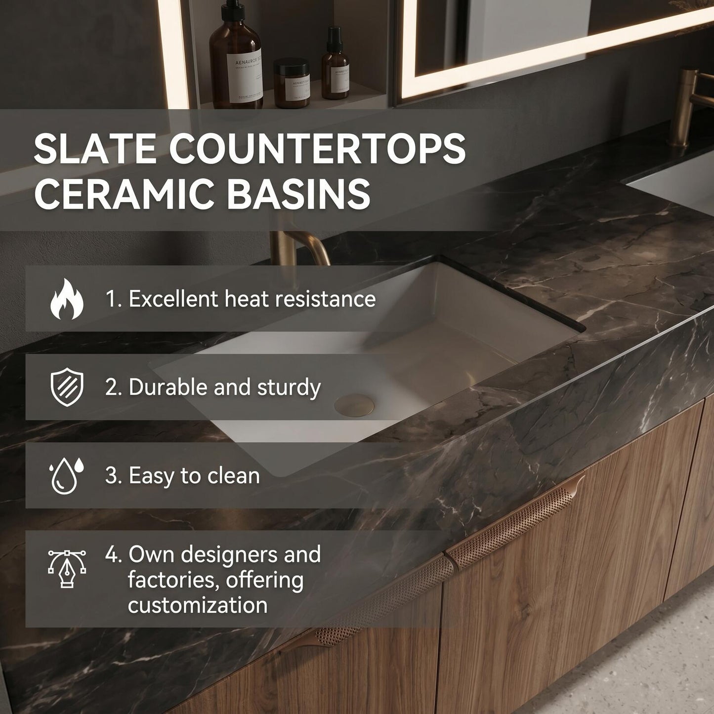 60''-96'' Modern Bathroom Vanity with Sink Floating Dark Stone Dual White Basins Cabinet