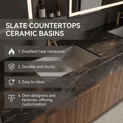 60''-96'' Modern Bathroom Vanity with Sink Floating Dark Stone Dual White Basins Cabinet