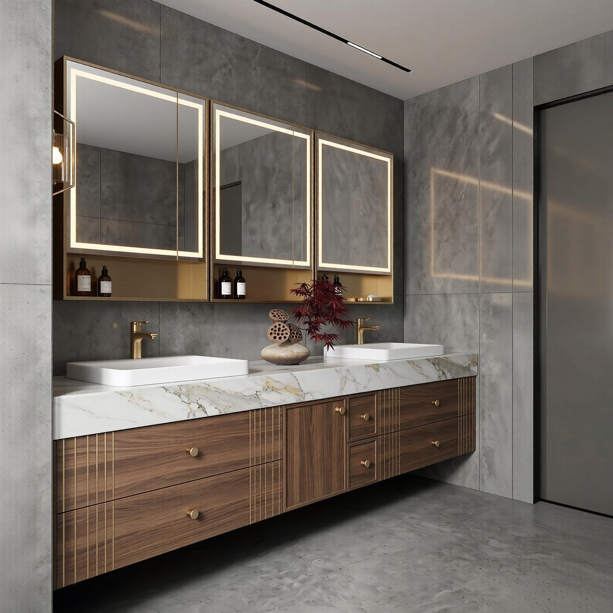 60''-96'' Double Bathroom Vanity with Sink Modern Floating Dark Walnut Grain Storage