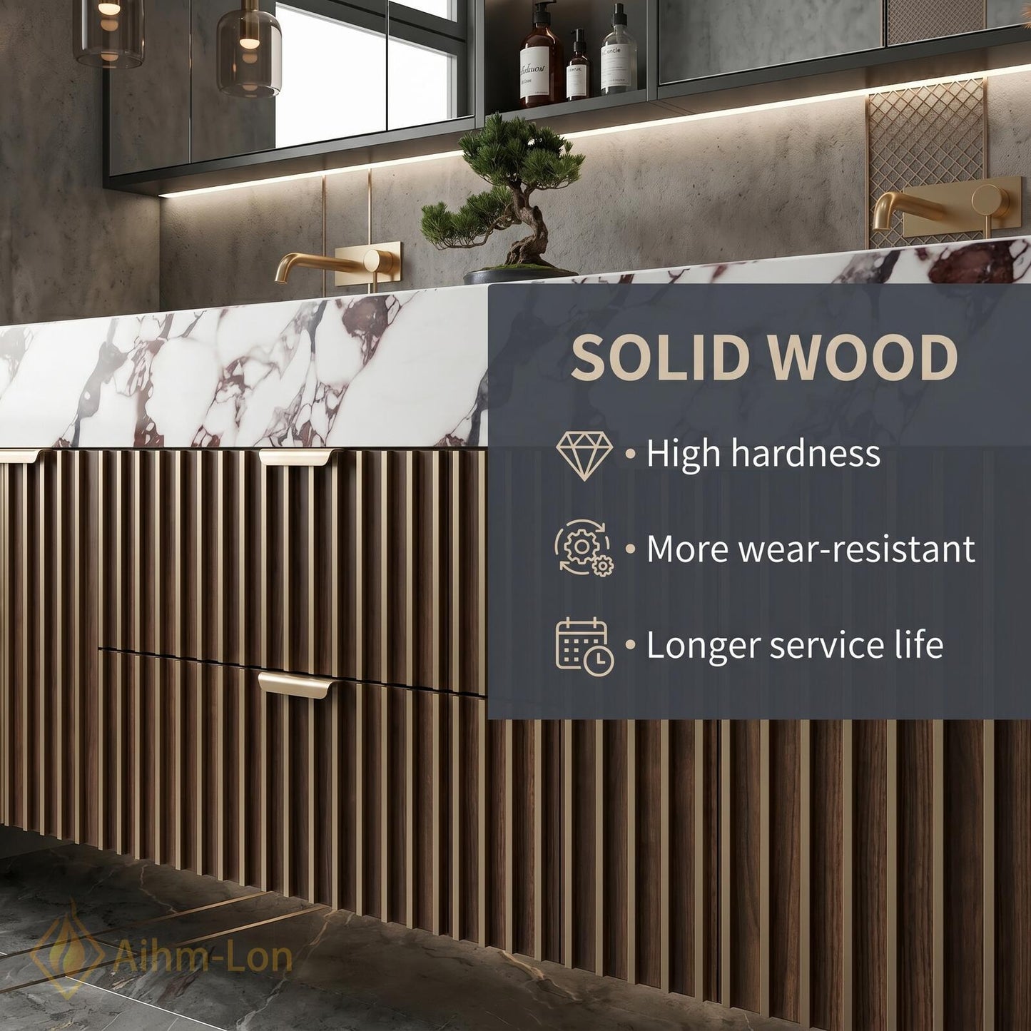 60''-96'' Double Bathroom Vanity with Sink Modern Floating Dark Walnut Slatted Center