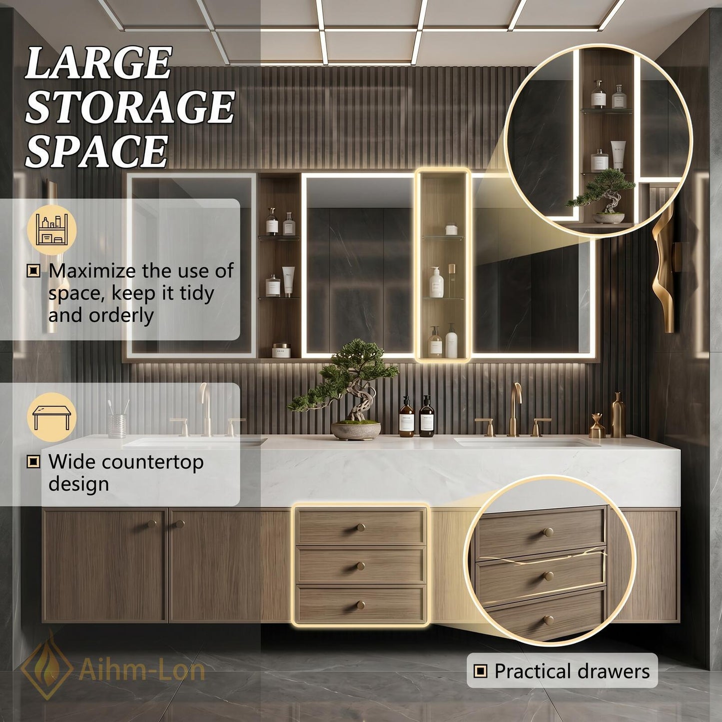 70''-96'' Modern Bathroom Vanity with Sink Floating Stone Wood Grain Center Drawers
