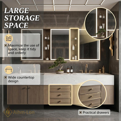 70''-96'' Modern Bathroom Vanity with Sink Floating Stone Wood Grain Center Drawers