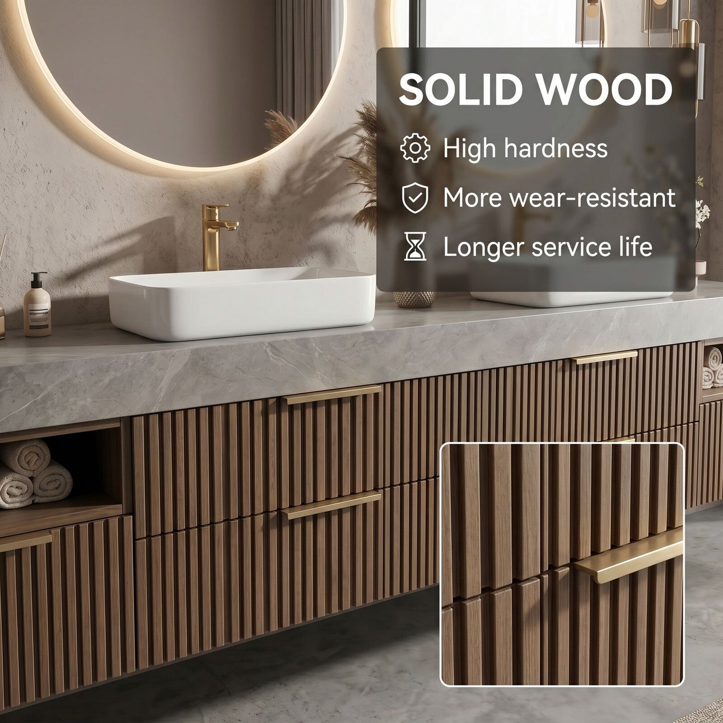 60''-96'' Modern Bathroom Vanity with Sink Double Sink Wide Stone Slatted Wood Drawers