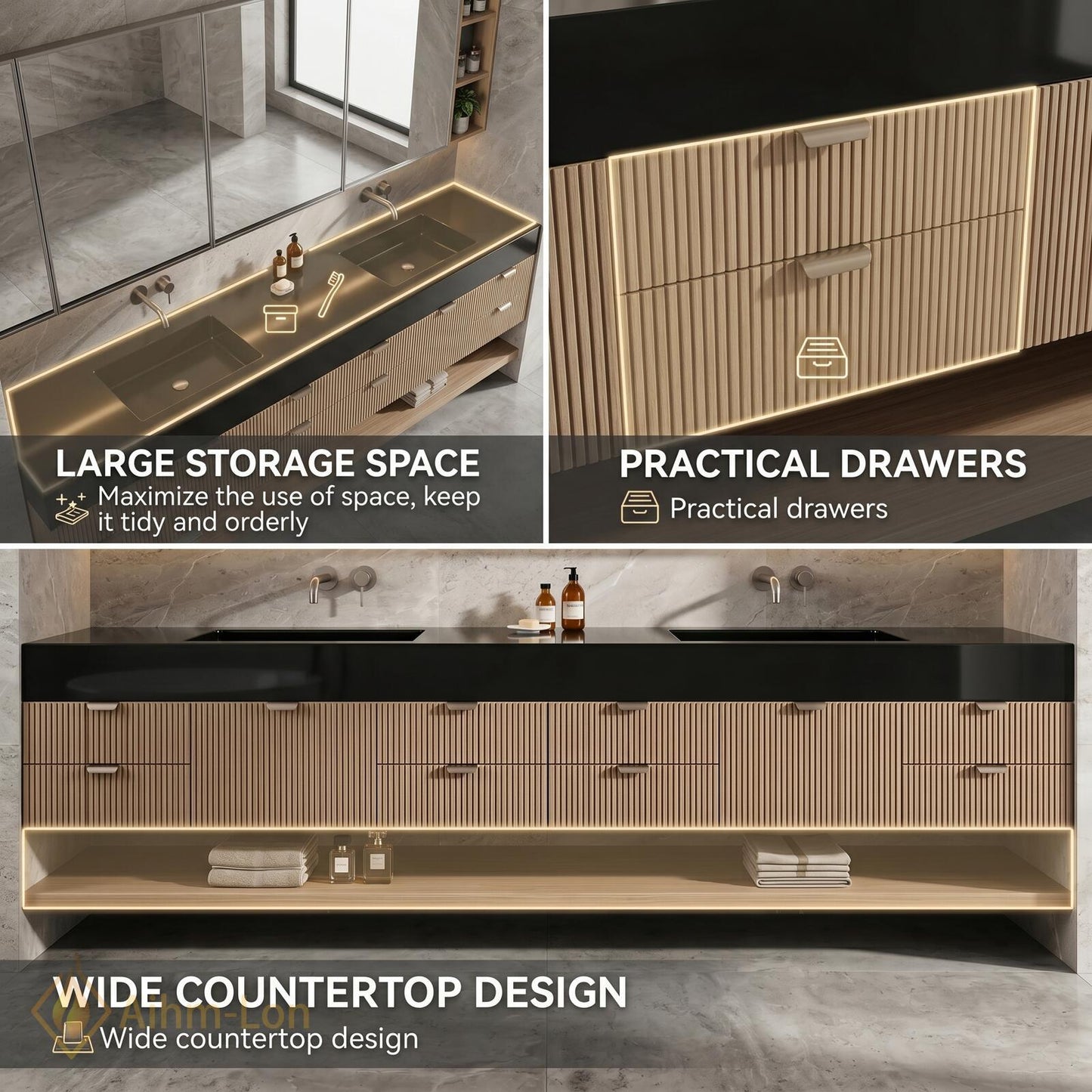 78''-96'' Modern Floating Double Bathroom Vanity with Sink Wood Grain Slatted Drawer