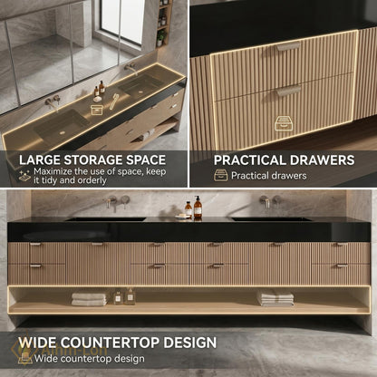 78''-96'' Modern Floating Double Bathroom Vanity with Sink Wood Grain Slatted Drawer