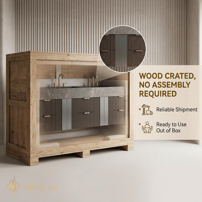 60''-96'' Double Bathroom Vanity with Sink Dark Modern Floating Stone-Top Slatted