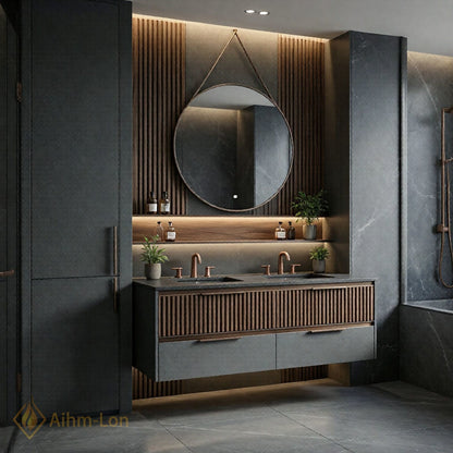 60''-96'' Slatted Bathroom Vanity with Sink Double Sink Wood Panel Dark Stone