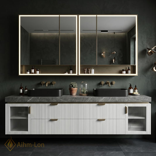 70''-96'' Double Bathroom Vanity with Sink Floating Fluted Ribbed Frosted Glass Panels