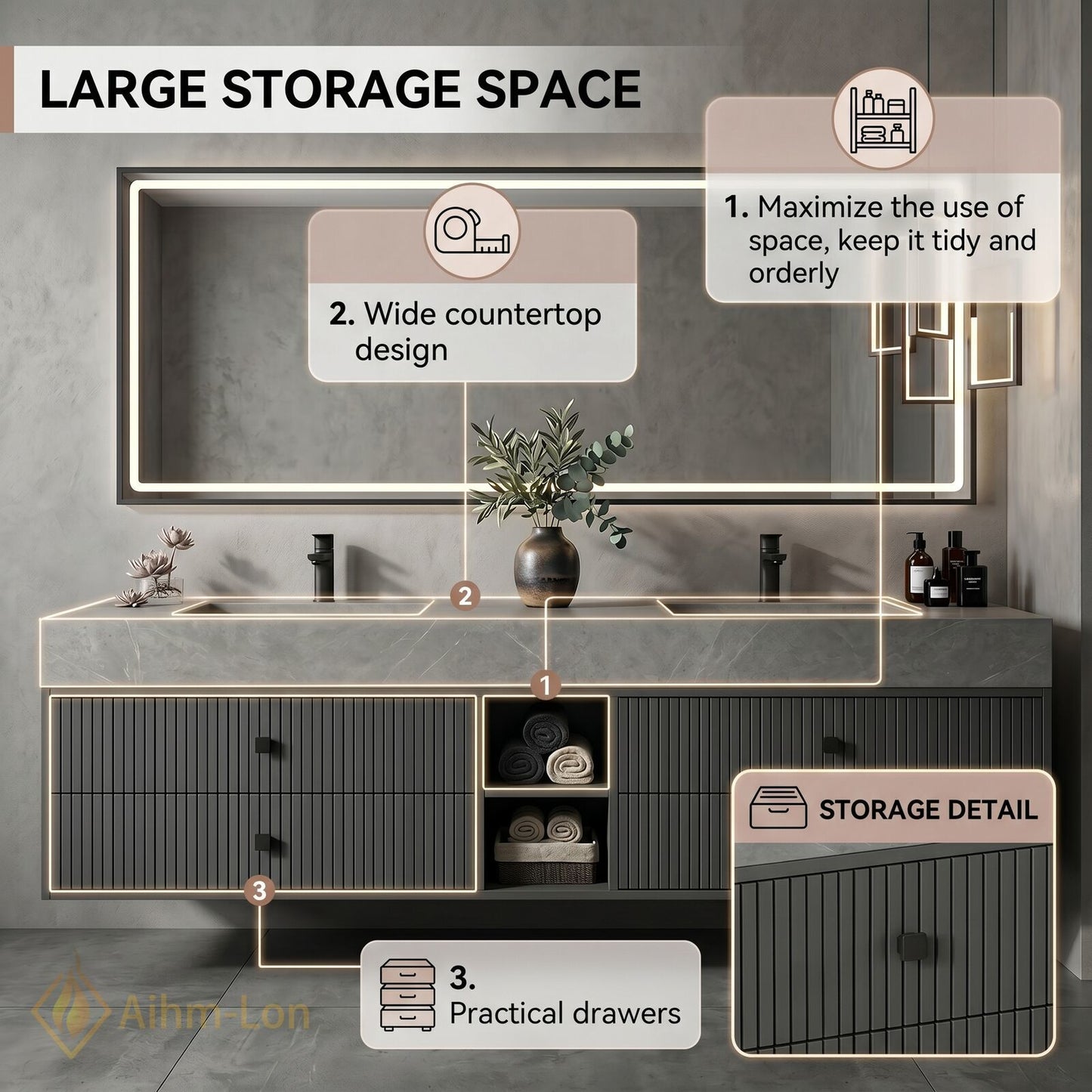 60''-96'' Double Bathroom Vanity with Sink Grey Floating Modern Stone-Top Vertical Grooved