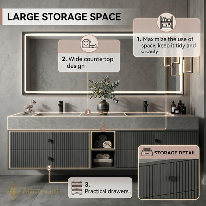 60''-96'' Double Bathroom Vanity with Sink Grey Floating Modern Stone-Top Vertical Grooved