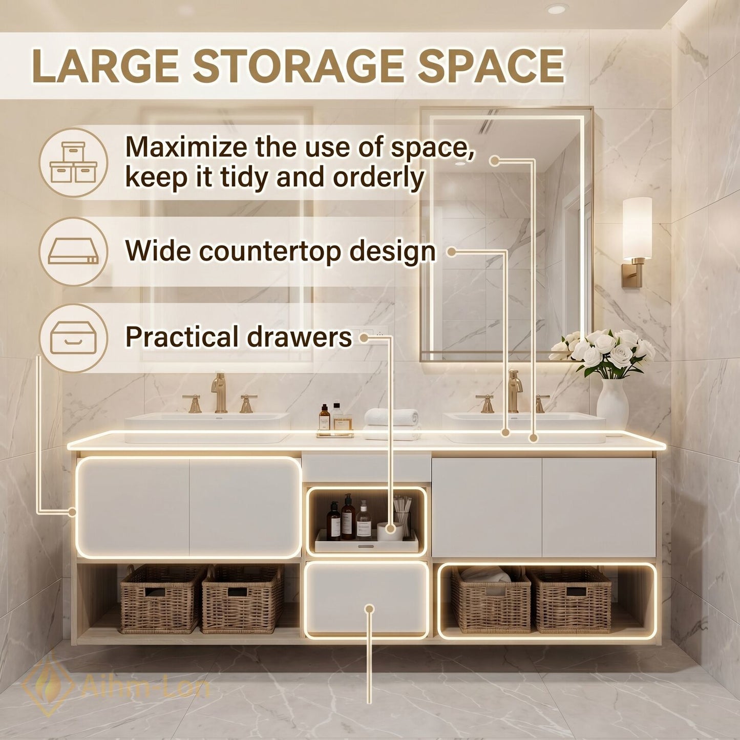 70''-96'' Double Bathroom Vanity with Sink Rectangular Basin Soft Close Doors Open Storage Cabinet