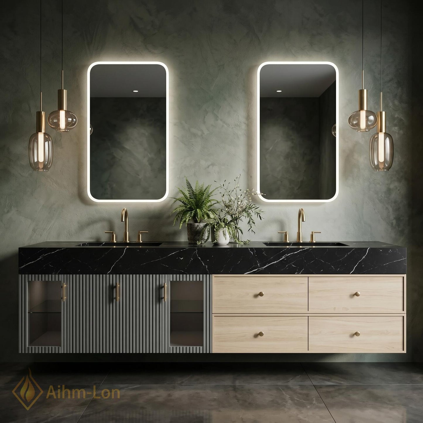 76''-96'' Double Bathroom Vanity with Sink Black Modern Floating Marble-Top Glass