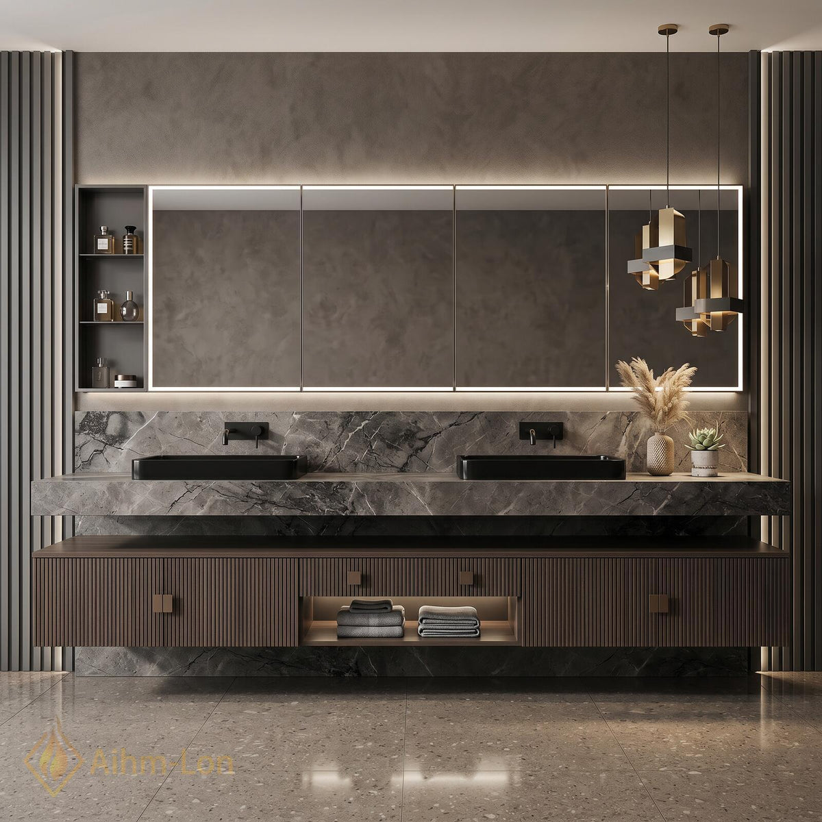 78''-96'' Bathroom Vanity with Sink Floating Vanity Dark Walnut Slatted Panels Open