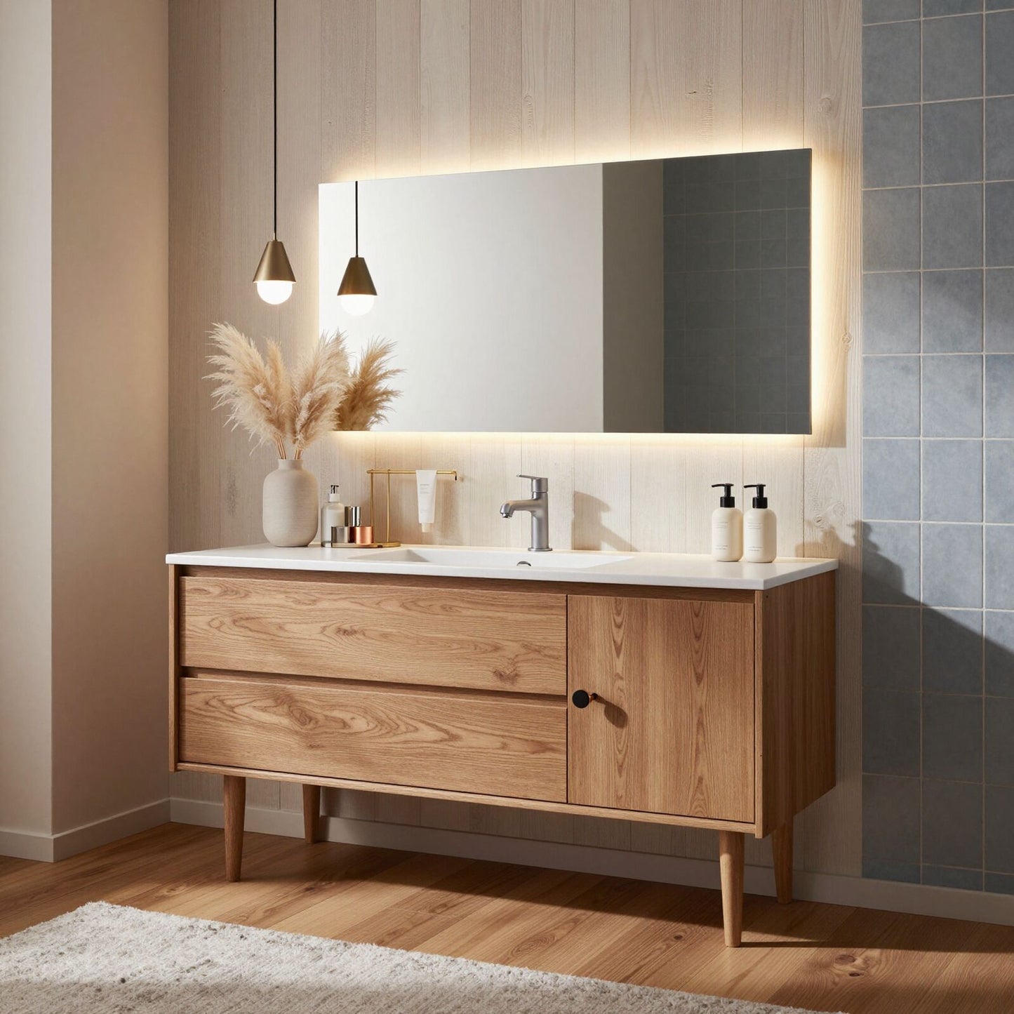 36''-64'' Modern Bathroom Vanity with Sink White Oak Tapered Leg Rectangular Mirror
