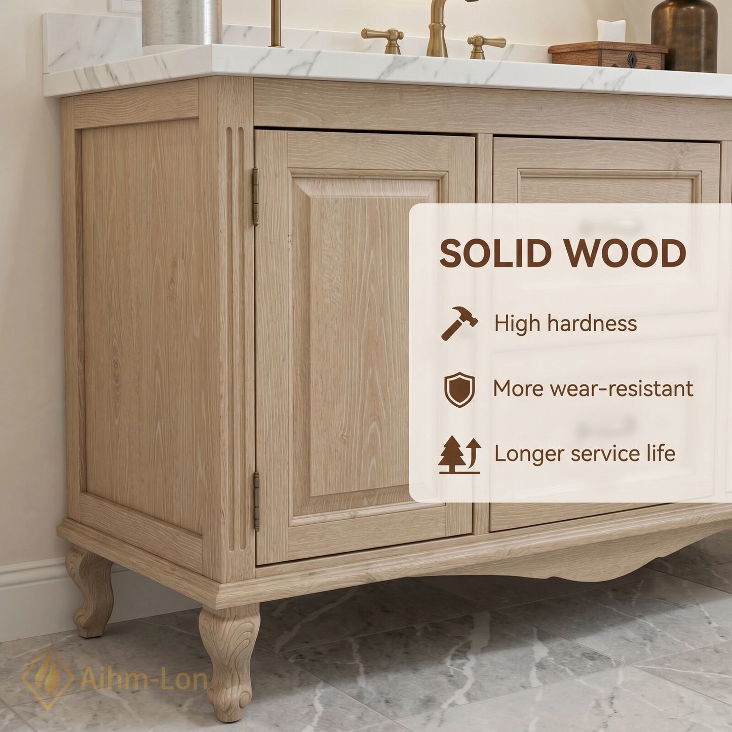 48''-64'' Classic Bathroom Vanity with Sink Raised Panel Marble Curved Leg Drawers