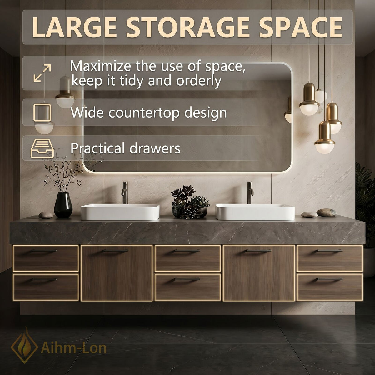 76''-96'' Double Bathroom Vanity with Sink Dark Grey Marble Top Drawer Storage