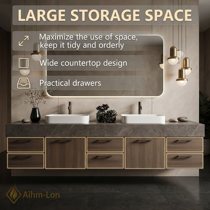 76''-96'' Double Bathroom Vanity with Sink Dark Grey Marble Top Drawer Storage