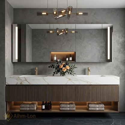 60''-96'' Double Bathroom Vanity with Sink Modern Floating Warm Wood Slatted Panel