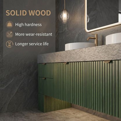 60''-96'' Double Bathroom Vanity with Sink Green Slatted Dark Grey Marble Top Cabinet