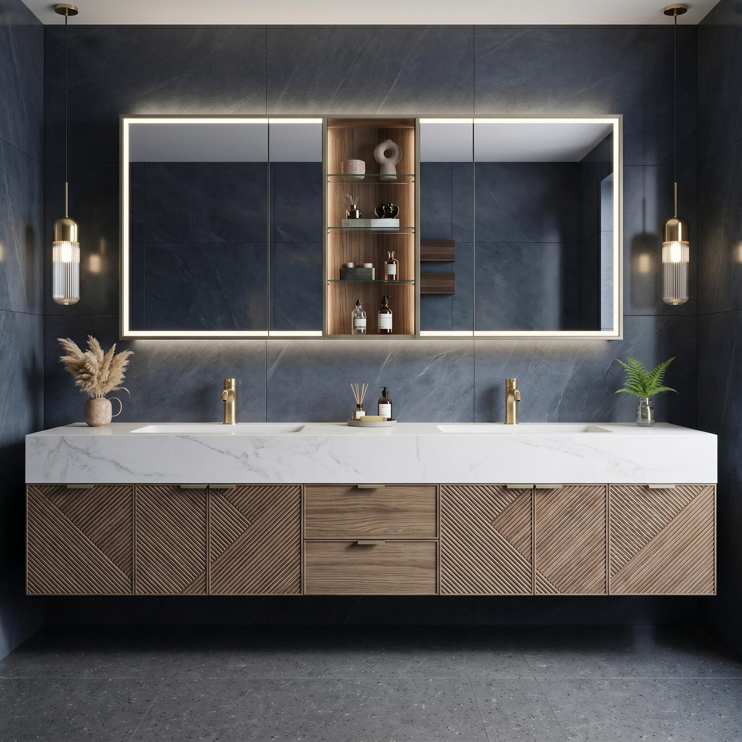 70''-96'' Modern Bathroom Vanity with Sink Floating Geometric Wood Panels Marble Countertop