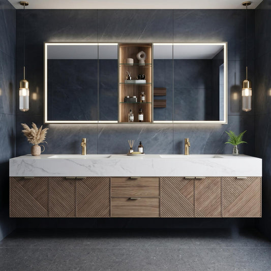 70''-96'' Modern Bathroom Vanity with Sink Floating Geometric Wood Panels Marble Countertop