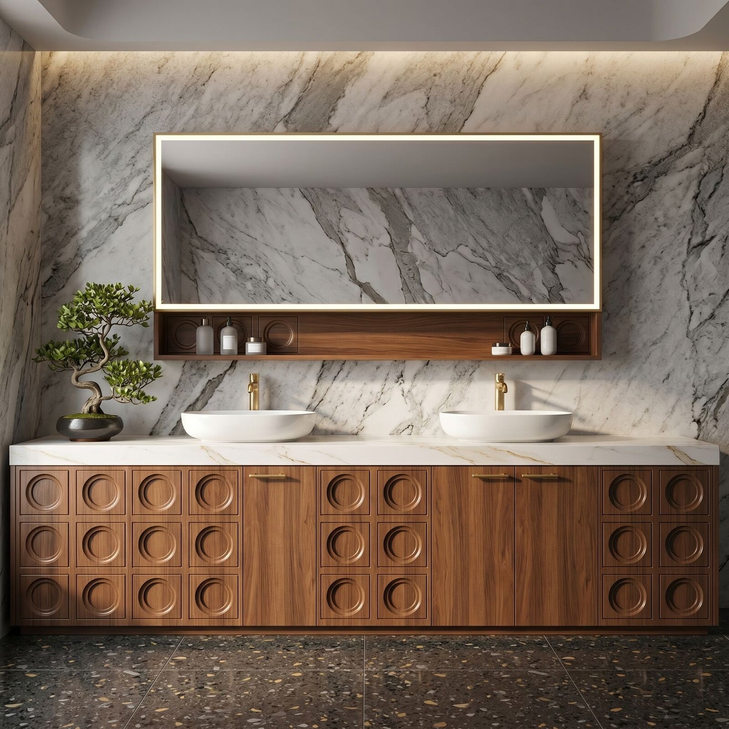 70''-96'' Elegant Bathroom Vanity with Sink Double Sink Carved Wood Panels White Stone