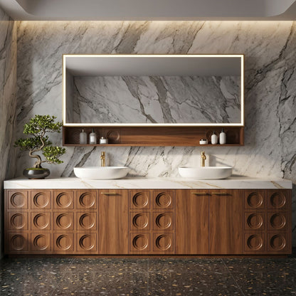 70''-96'' Elegant Bathroom Vanity with Sink Double Sink Carved Wood Panels White Stone