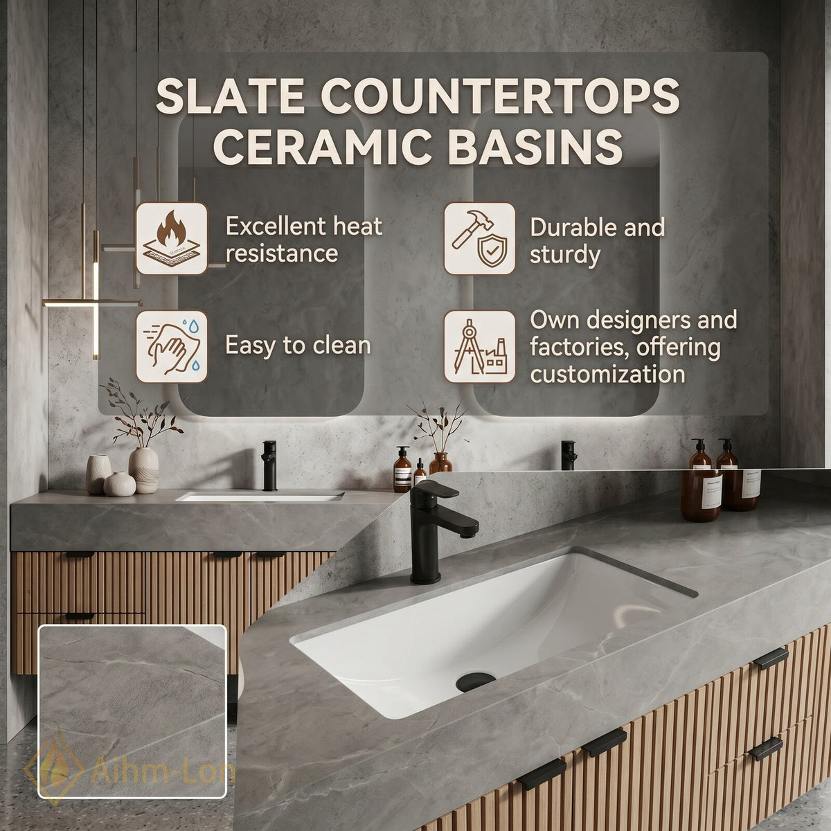 60''-96'' Double Bathroom Vanity with Sink Slatted Wood Front Stone Top Storage